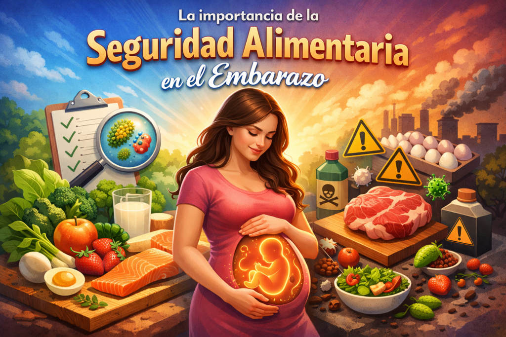 Imagen ilustrativa sobre la importancia de la seguridad alimentaria durante el embarazo: una mujer embarazada sostiene su vientre con la silueta del bebé iluminada, rodeada de alimentos saludables como frutas, verduras, pescado y lácteos seguros, junto a símbolos de advertencia que representan riesgos alimentarios como carnes crudas, huevos sin cocción adecuada y contaminantes, destacando el cuidado necesario para proteger la salud materna y fetal.