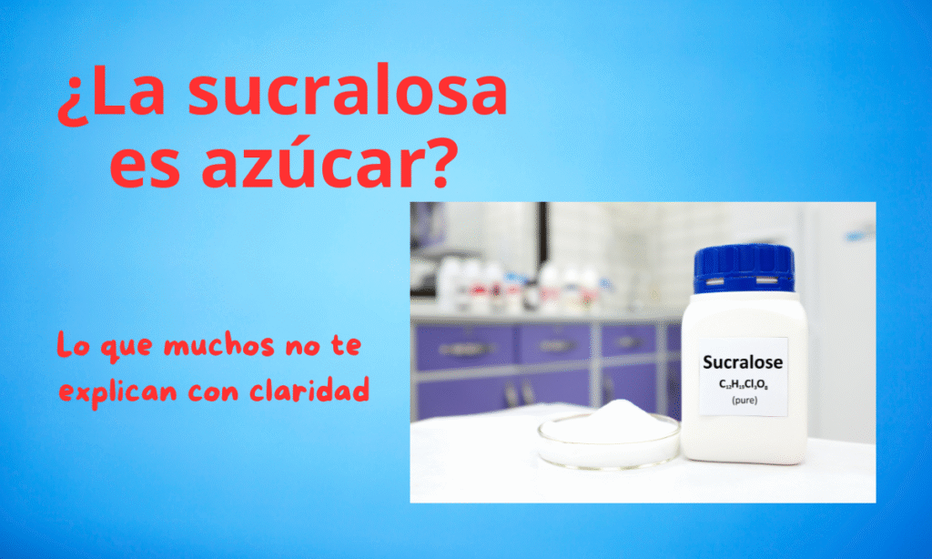 Sobrecitos de sucralosa junto a una taza de café y alimentos etiquetados como “sin azúcar”.