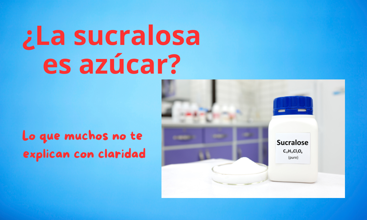 Sobrecitos de sucralosa junto a una taza de café y alimentos etiquetados como “sin azúcar”.