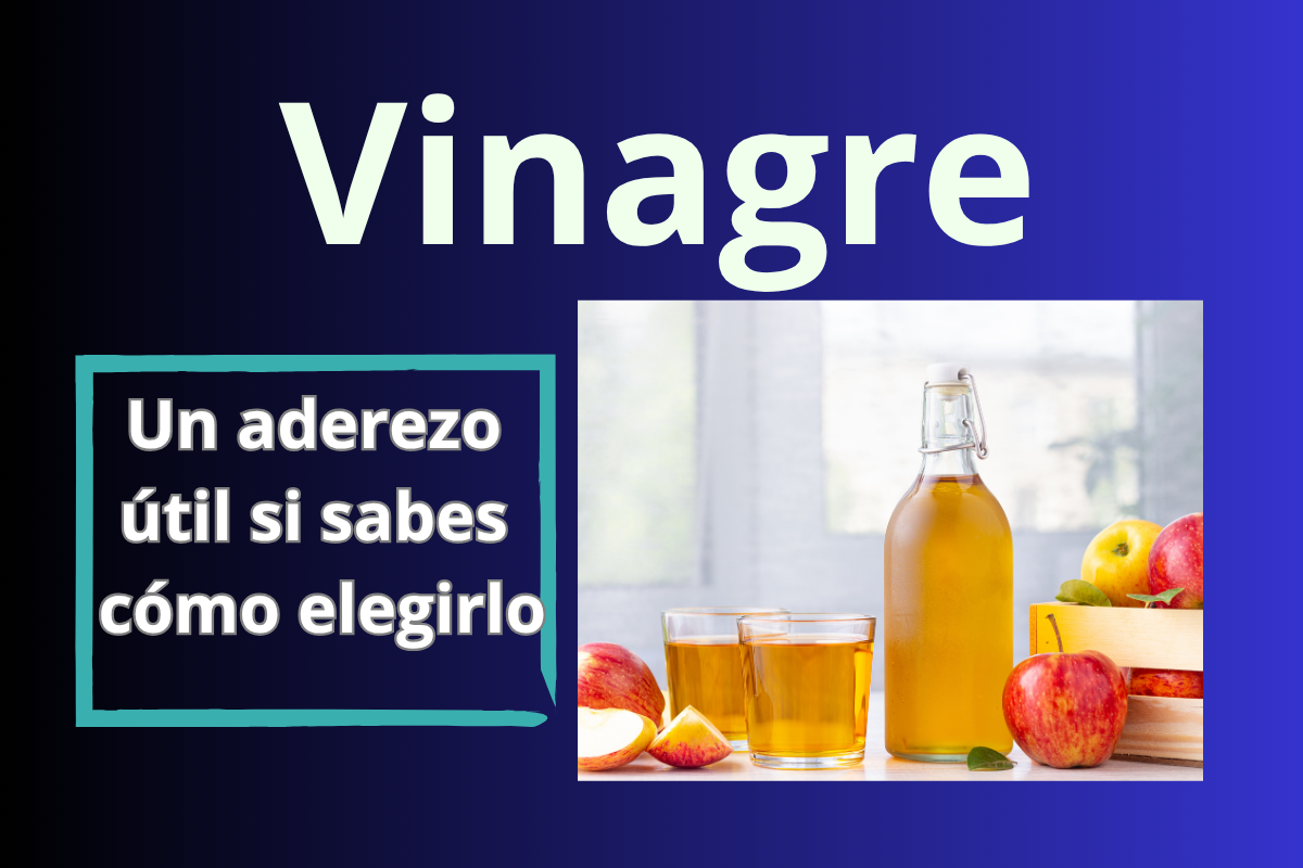 Imagen de una botella de vinagre de manzana sin filtrar, con la madre visible en el fondo. Aparece sobre una mesa junto a vegetales frescos, como símbolo de alimentación saludable. El texto en la imagen dice: “¿Vinagre saludable? Elegí bien”