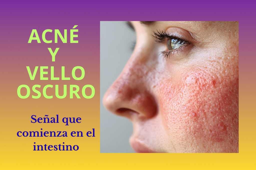 “Acné persistente y aparición de vello oscuro relacionados con desequilibrio intestinal y hormonal en la mujer adulta.”